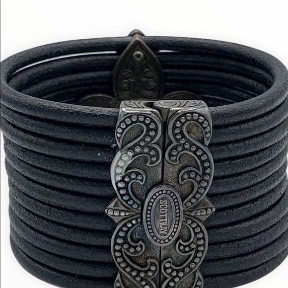 $7️⃣5️⃣0️⃣SCOTT KAY 925 Sterling Fleur-de-Lis Black Spinel Leather Bracelet - Picture 4 of 4